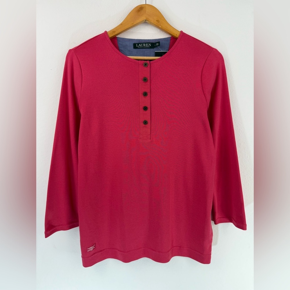 Lauren Ralph Lauren Womens Blouse L Pink Cotton 3/4 Sleeve Button Crew Neck NWT